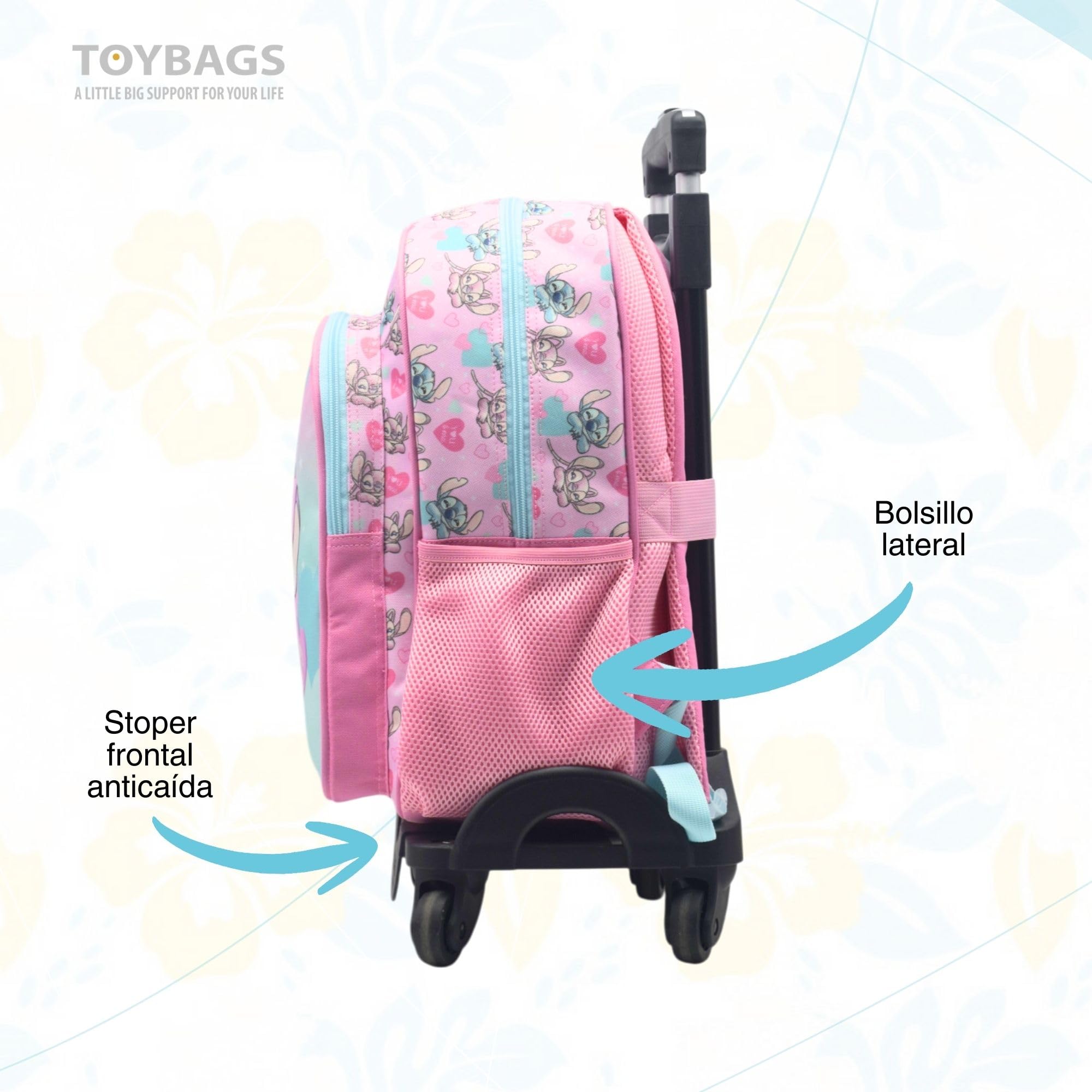Mochila Escolar Angel & Stitch - Doble Compartimento - CON ACCESORIO CORAZON + CARRO NEGRO TOYBAGS CON PROTECCION LATERAL Y STOPER FRONTAL 4 ruedas giratorias - 44.5 X 32 X 21 CM