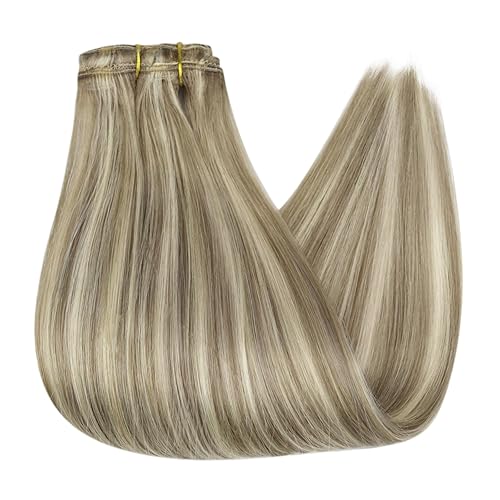 Miniatura 8 de Full Shine - Extensiones de cabello humano real con clips, 20 pulgadas, rubio oscuro con reflejos rubio platinado, cabello Remy lacio y largo, 2.11