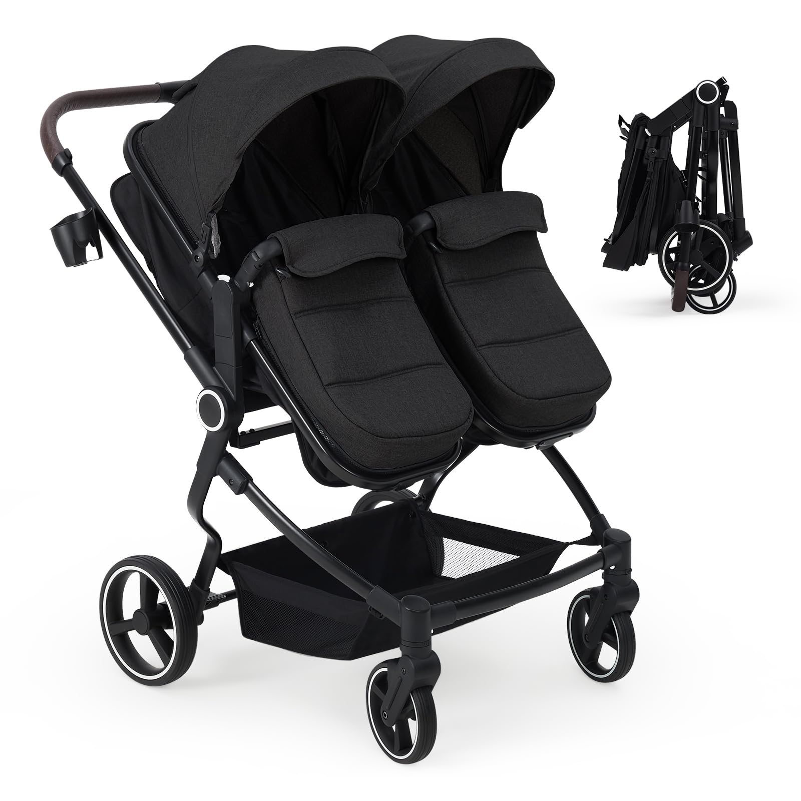 Side by Side Double Stroller for Twins, Lightweight Compact Foldable Baby Travel Stroller with High Landscape Seat, Adjustable Canopy & Recline for Infant and Toddler, Black