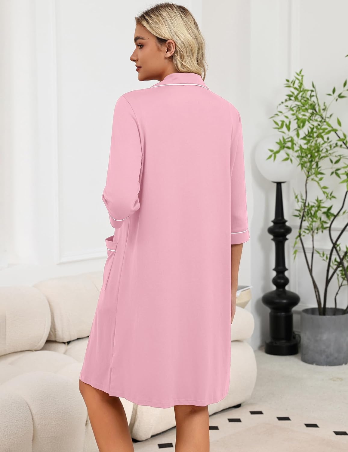 Ekouaer Zipper Robes for Women 3/4 Sleeve Housecoats Knee Length Bathrobe Lightweight Nightgown with Pockets S-3XL - Image 5