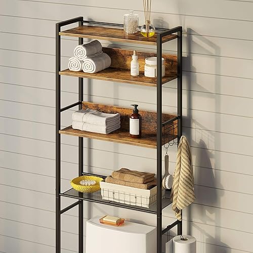 Miniatura 9 de Rolanstar Over The Toilet Storage 4-Tier, Freestanding Bathroom Organizer, Sturdy Behind Toilet Rack with Hooks, Space-Saving Design, Fits Most