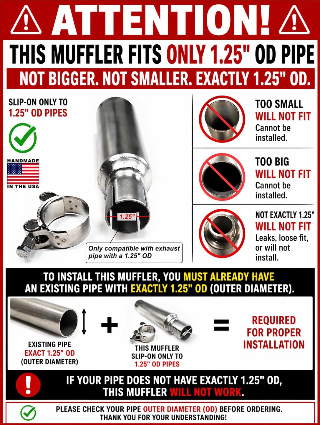 ARSPORT Slip-On 1.25" ID Exhauts Muffler 304 Stainless Steel with SS Clamp for aftermarket Exhaust pipes.