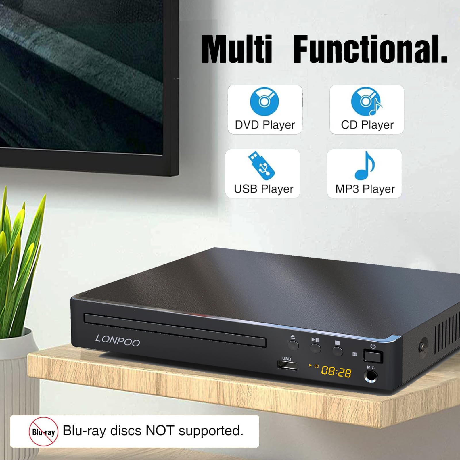 LP-099 DVD-Player für TV, Region-Free DVD Player CD Player mit HDMI-Anschluss (1080p Upscaling), HDMI AV-Ausgang, USB-Eingang, alle Regionen frei integriertes PAL NTSC-System (LP-099)