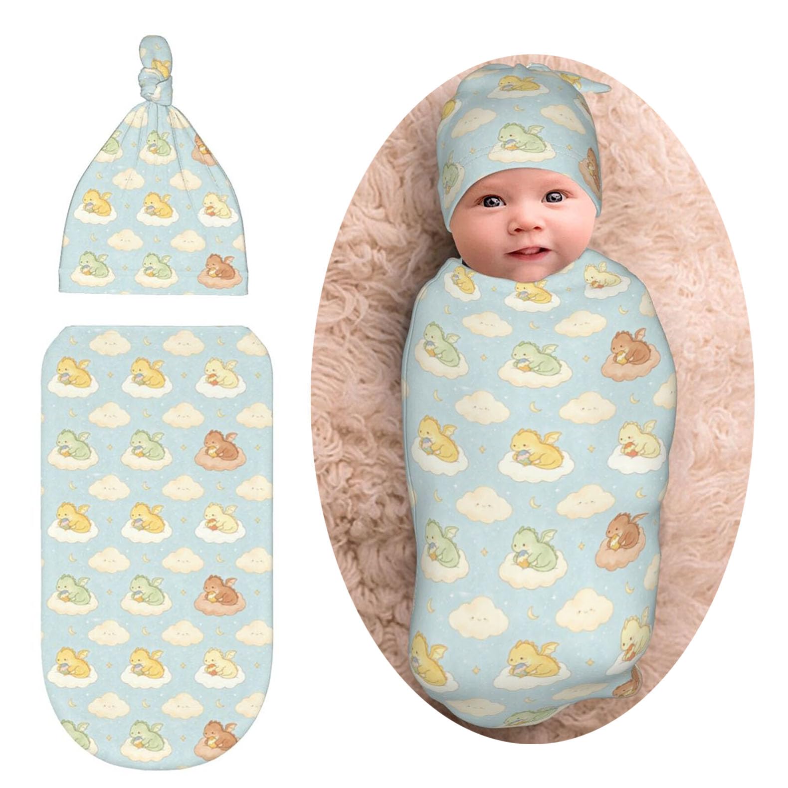 Dragon Print Newborn Baby Swaddle Blanket Cloud Moon Star Baby Stuff,with Beanie hat Sets, Soft Gifts for Unisex Boys Girls Shower Infant