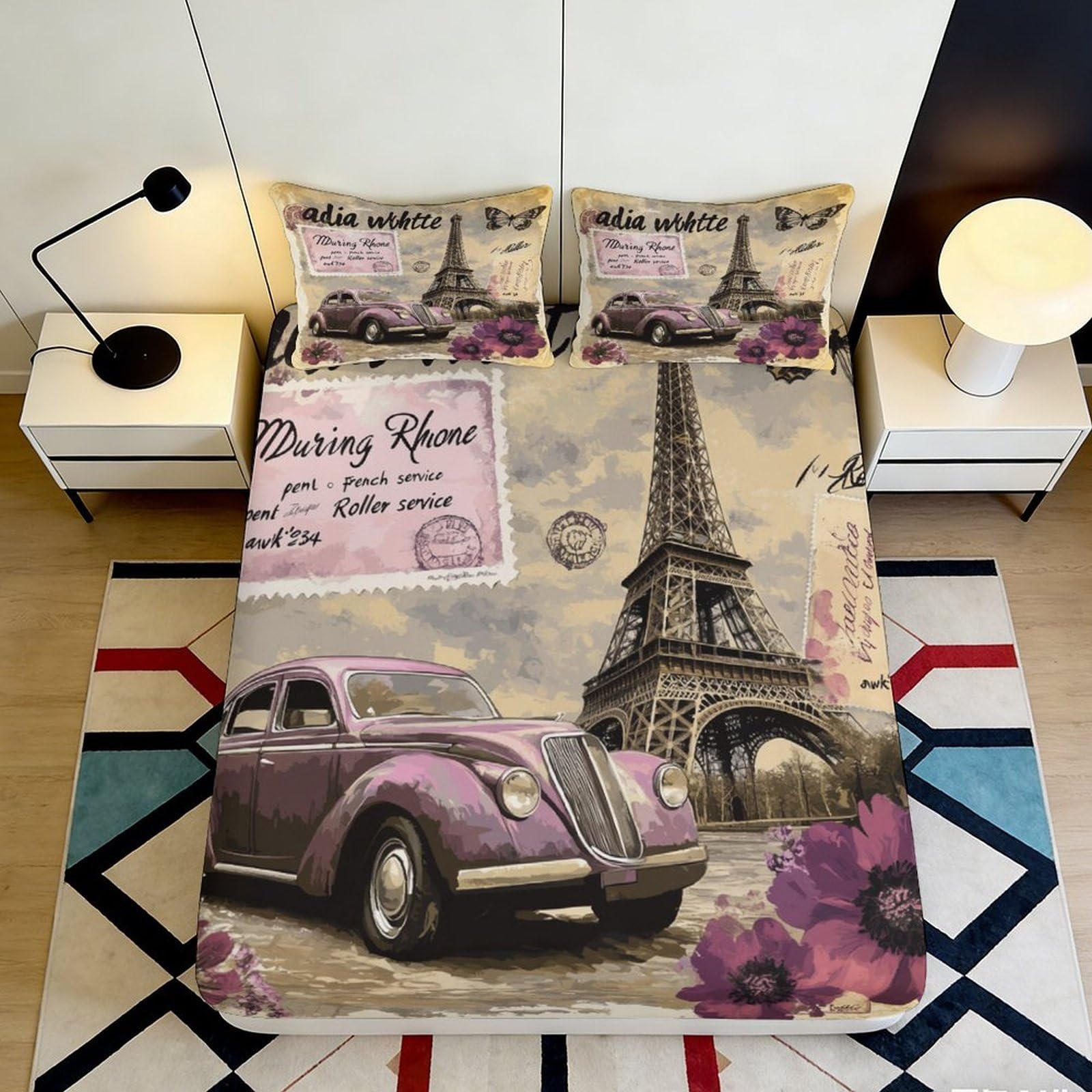 3D Printed Vintage Car Fitted Sheet Microfiber Soft Breathable Eiffel Tower Bed Cover for Bedroom Dormitory Guest Room Mattress Protection Decor 180x200x25cm
