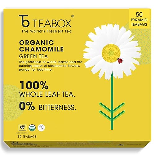 Miniatura 1 de Teabox Té verde orgánico prémium con flores de manzanilla  Té verde 100% de hoja entera del Himalaya  USDA ORGANIC  50 bolsas de té (baja en cafeína)