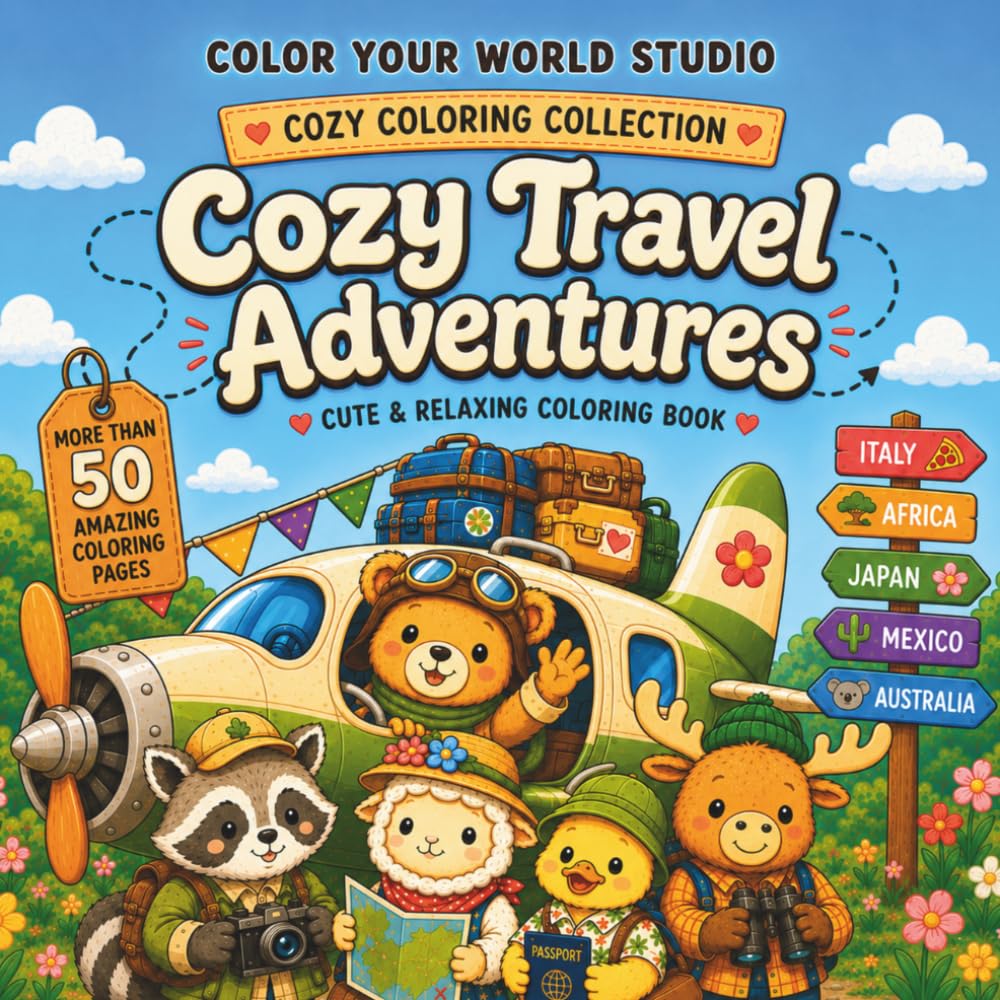 Cozy travel Adventures: Cute and Relaxing Coloring Book Featuring Adorable Animal Friends Exploring the World
