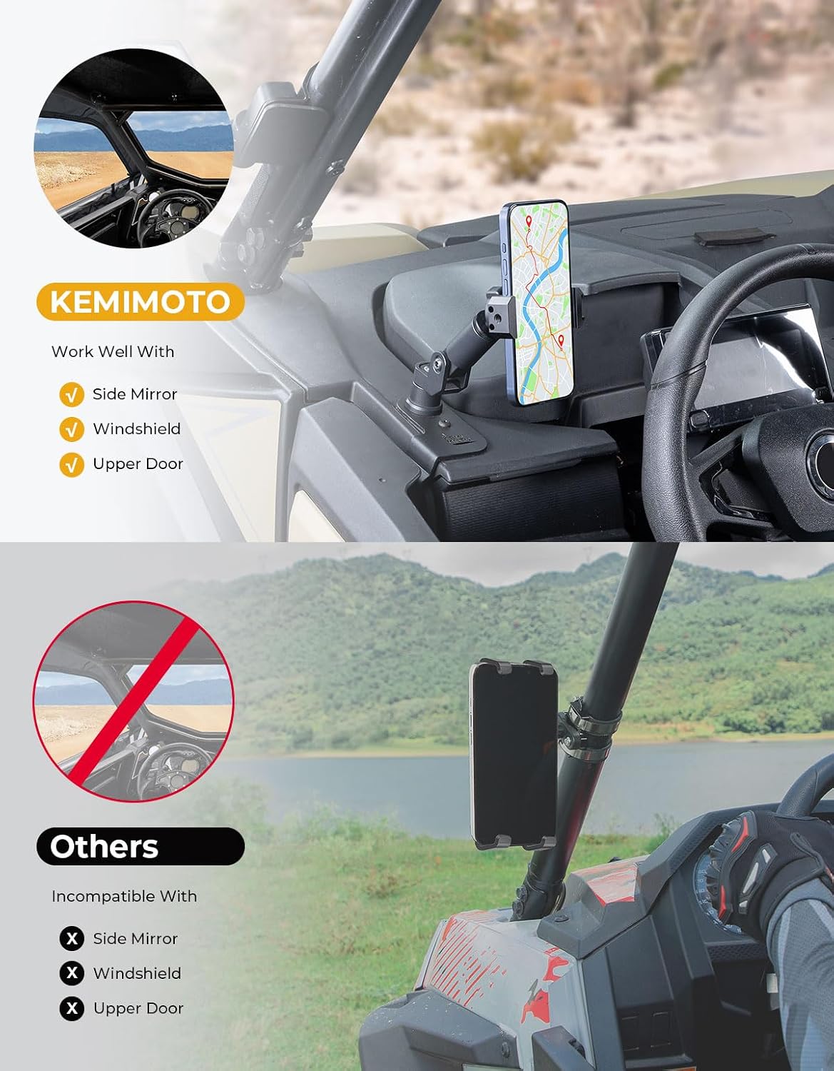 KEMIMOTO Phone Mount CNC Material Compatible with 2023+ CFMOTO ZForce 950 Sport & Trail/ZForce 800 Trail G2, 360° Adjustable Aluminum Heavy Duty UTV Phone Holder Easy Installation