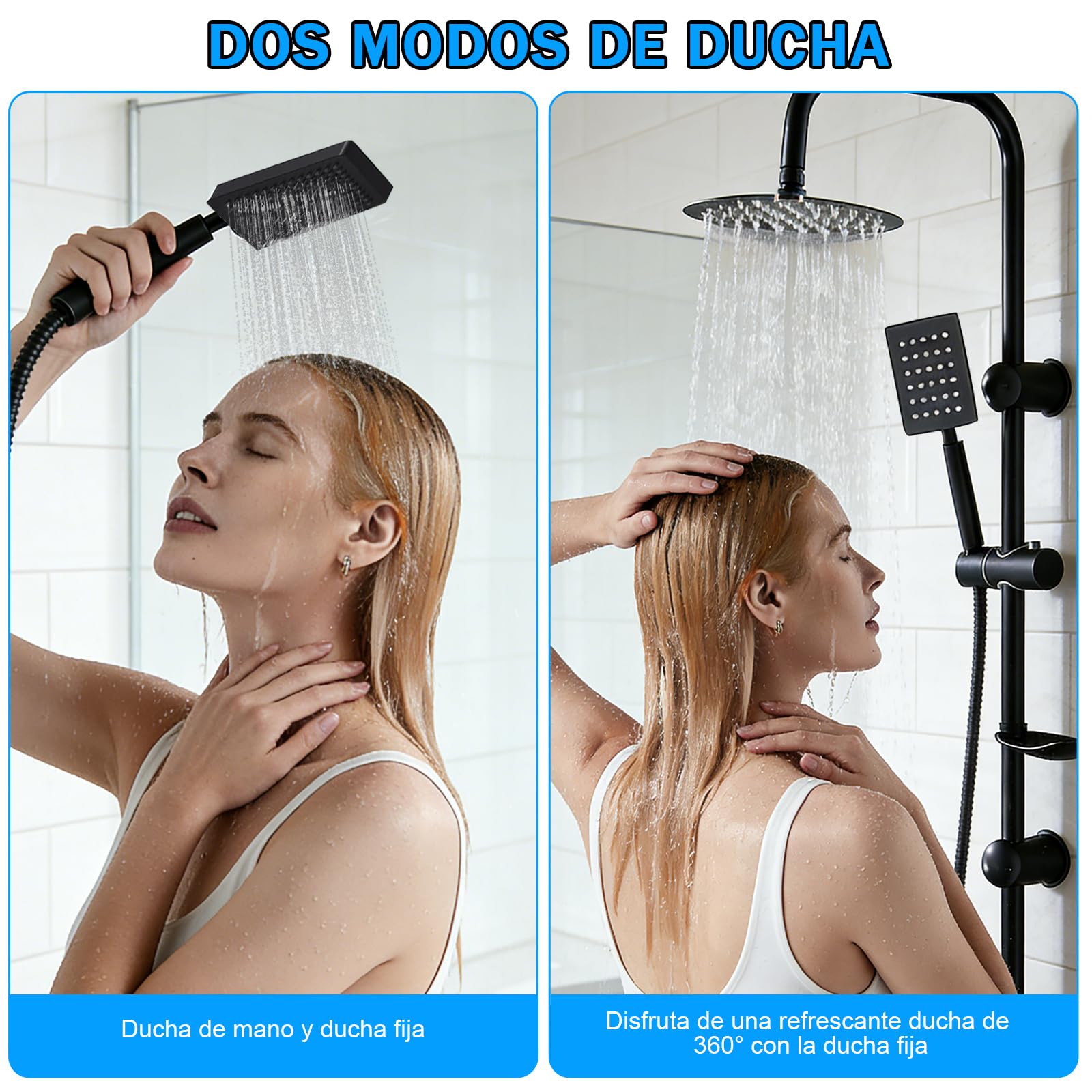 Columna Ducha Senza Miscelatore, Kit Completo Ducha con Rociador Ducha 20×20 cm Cuadrado y Ducha de Mano y Manguera, Acero Inox, Regulable 92cm, Duchas de Baño Columna