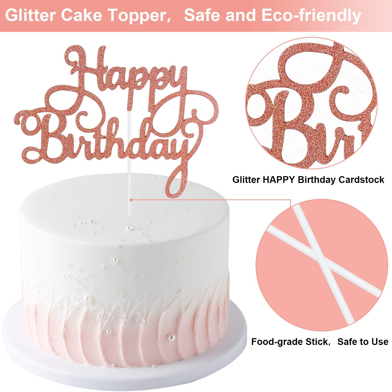 Larchio Rose Gold Cake Topper, Happy Birthday Cake Toppers and 6pcs