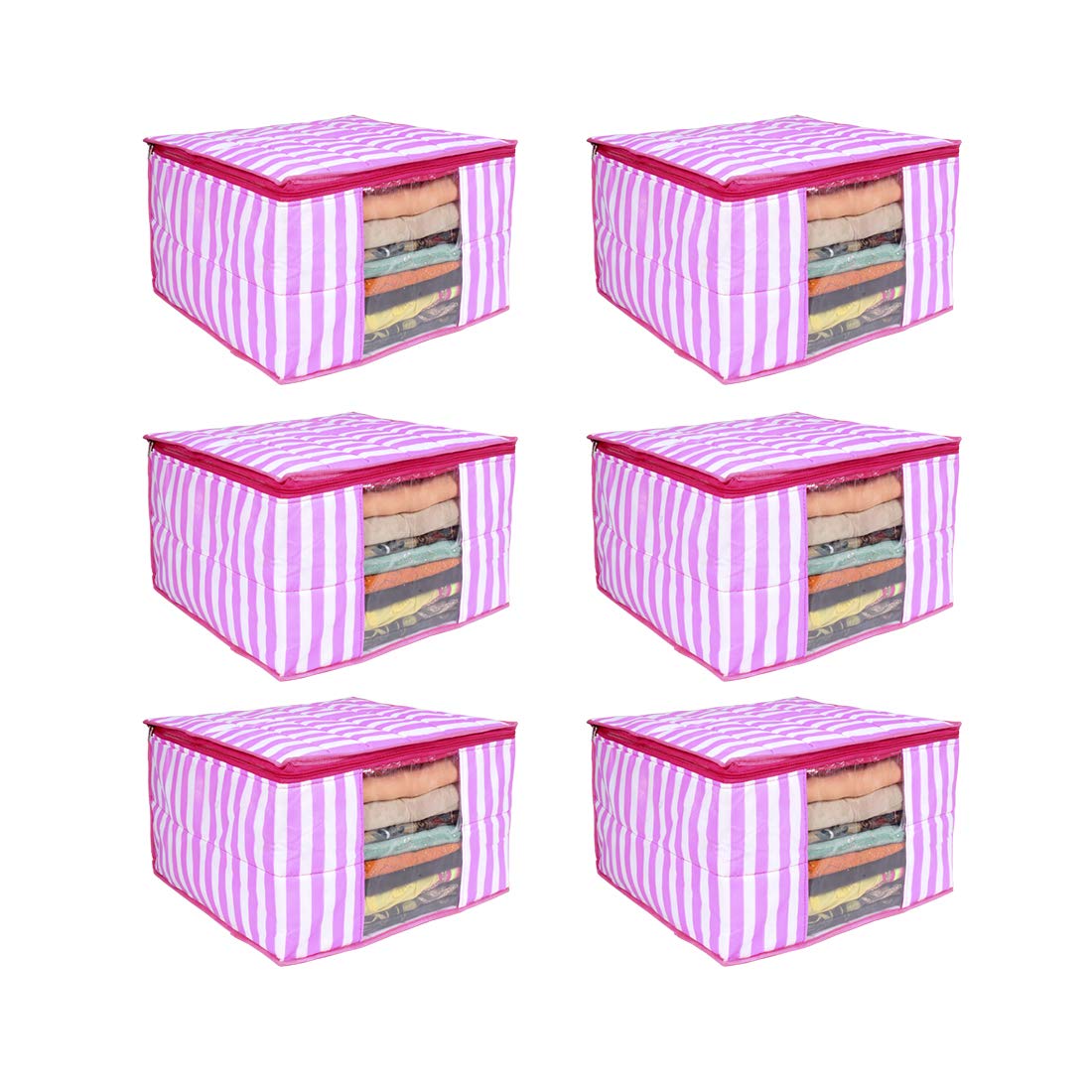 PrettyKrafts 3 Layered Quilted Saree Cover Bag/Wardrobe Organizer With Transparent Window And Zip/Clothes Storage Bag For Womens, Lehenga, Suit, Dress, Accessories, (Pack of 6), Pink Stripes (B08TWZFQ62) Amazon Price History, Amazon Price Tracker