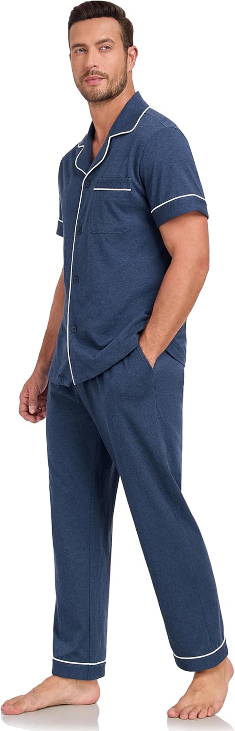 COLORFULLEAF 100% Cotton Mens Pajamas Set Short Sleeve Loungewear with Long Pants Button Down Sleepwear Soft Comfy Pj for Men - Image 7