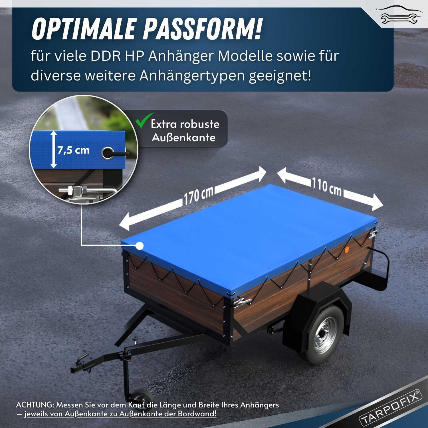 Tarpofix Anhängerplane 170x110 cm mit Planenseil Flachplane PVC Verstärkt für Diverse PKW Anhänger Blau