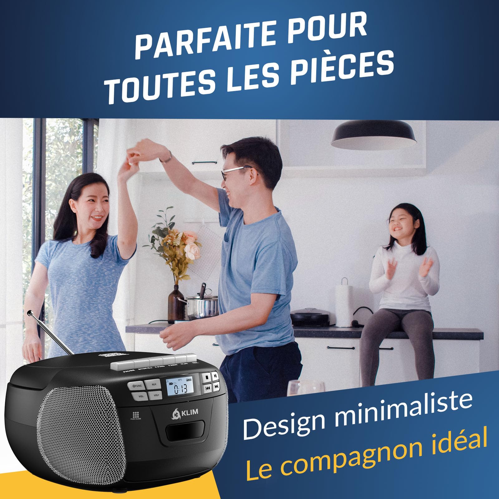 KLIM Lecteur CD Cassette Audio AM/FM Radio Bluetooth Stéréo Argent
