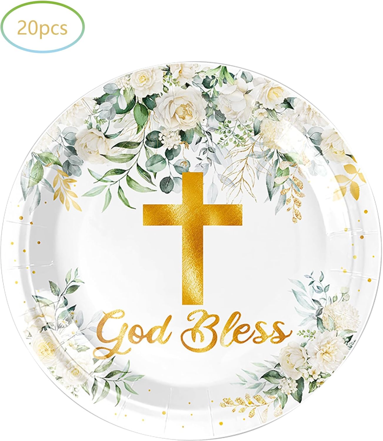 HJFZLY God Bless Tableware Set, First Communion 20 Plates and 20 Napkins, for Newborn Baptism Church Cross White Floral Party Decoration (Pack of 2)