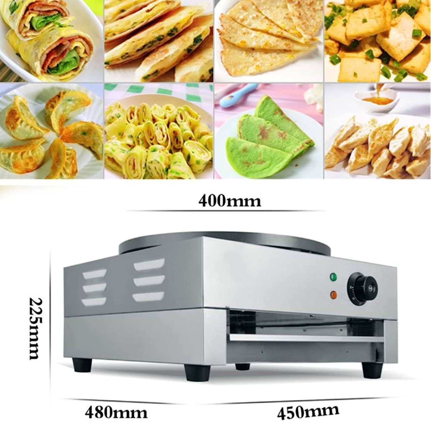 Crepera Profesional Electrica, Dispositivo Profesional, crepera, 45 cm (15.7 Pulgadas), Temperatura Ajustable, para Crepes Dulces, Galletas saladas, Tortitas y Tortitas,110V