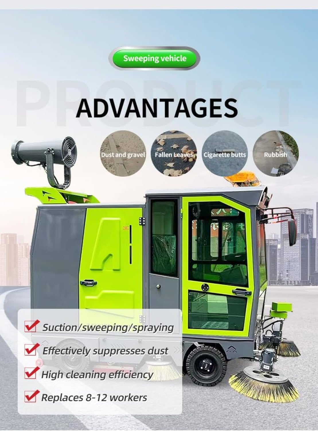 Pure Suction High-Discharge Ride-On Sweeper, Industrial Electric Road Sweeper Machine with 2450mm Cleaning Width & 800L Hopper, for Street Floor Cleaning & Commercial Use