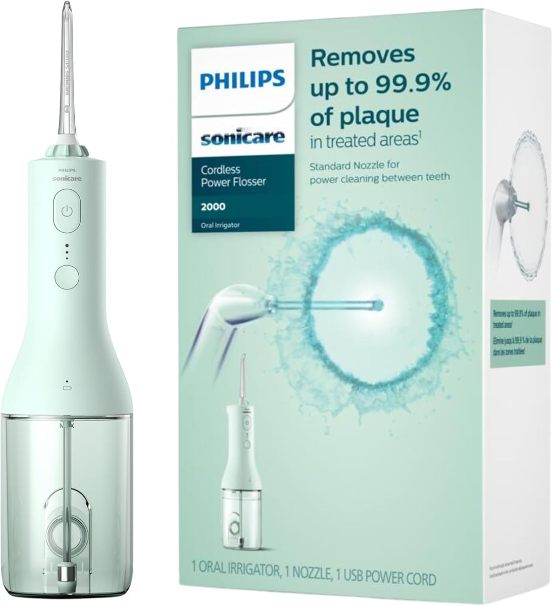 Philips Sonicare Water Flosser Cordless – Rechargeable Power Dental Waterflosser for Teeth, Portable Oral Irrigator with 3 Intensity Settings, 360° Rotating Nozzle – (Mint)