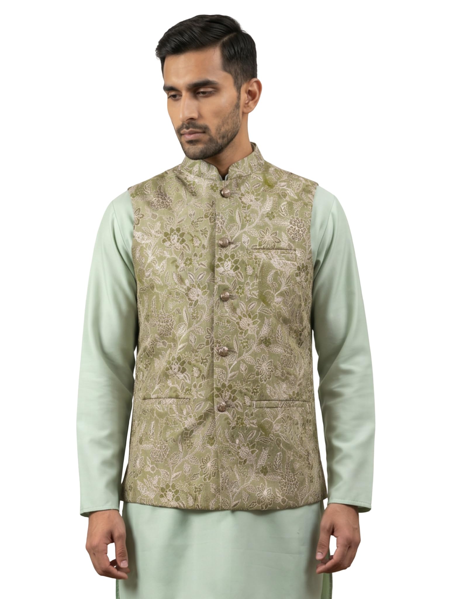 jompers Men Floral Woven Silk Blend Nehru Jacket (Pista, S)-picture-37