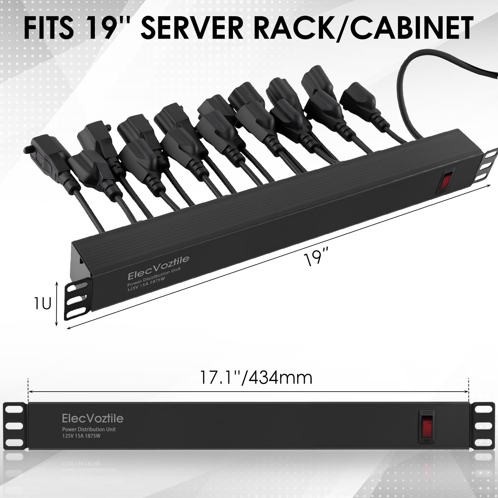 Regleta de alimentación PDU de 16 tomas, protección contra sobretensiones 1020J e interruptor de sobrecarga de 15 A, se adapta a rack de servidor de red de 19 pulgadas, cable de 6 AWG 14