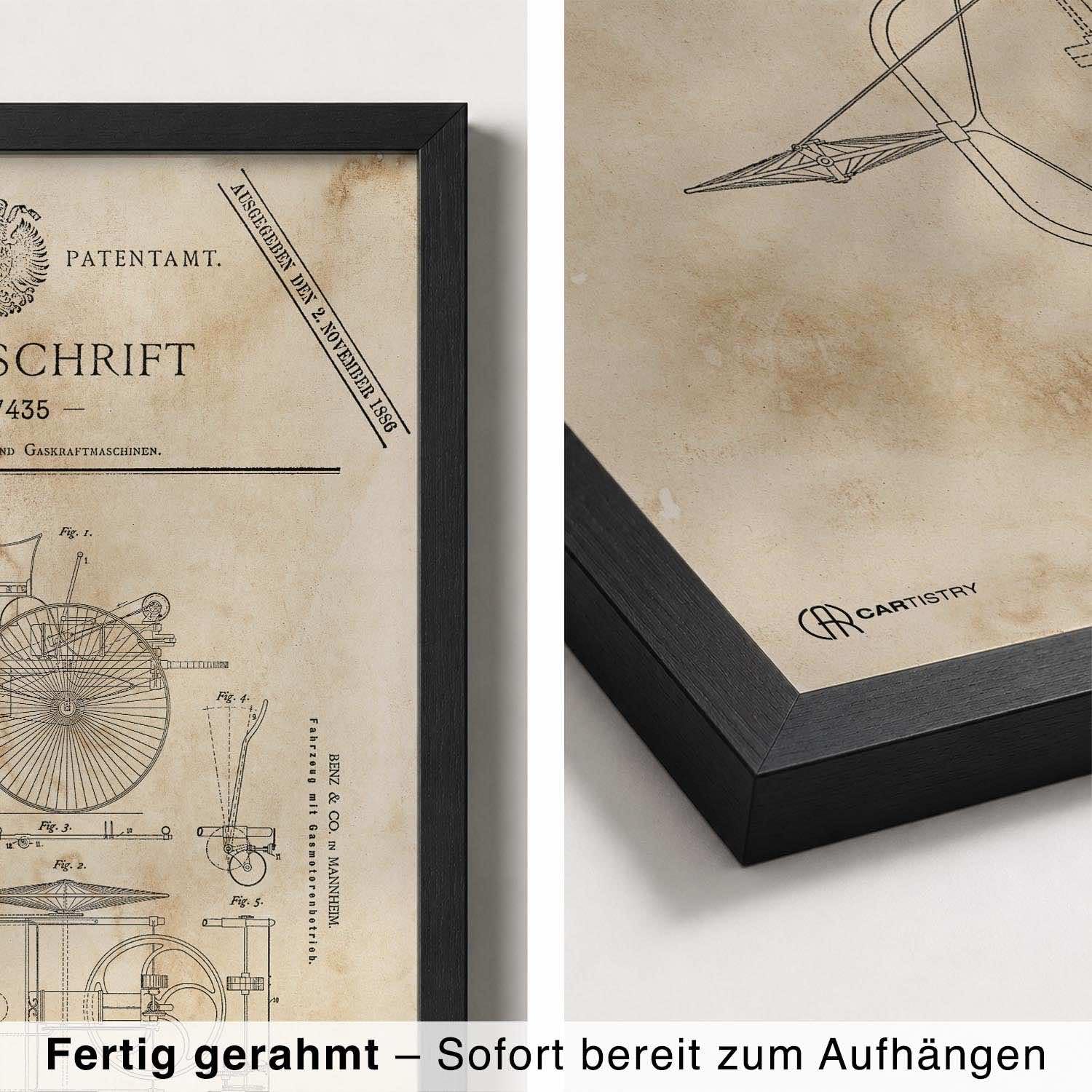 Cartistry Patent Poster Carl Benz (70x50cm, Holzrahmen Schwarz) | Patent Zeichnung, Poster Vintage, Geschenk für Männer und Autoliebhaber