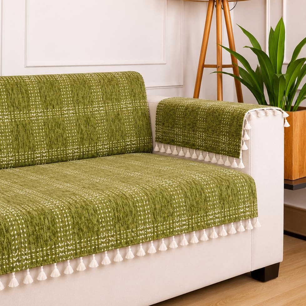 STITCHNEST Chenille Sofa Cover 3+1+1 Seater Fully Covered + 6 Han...