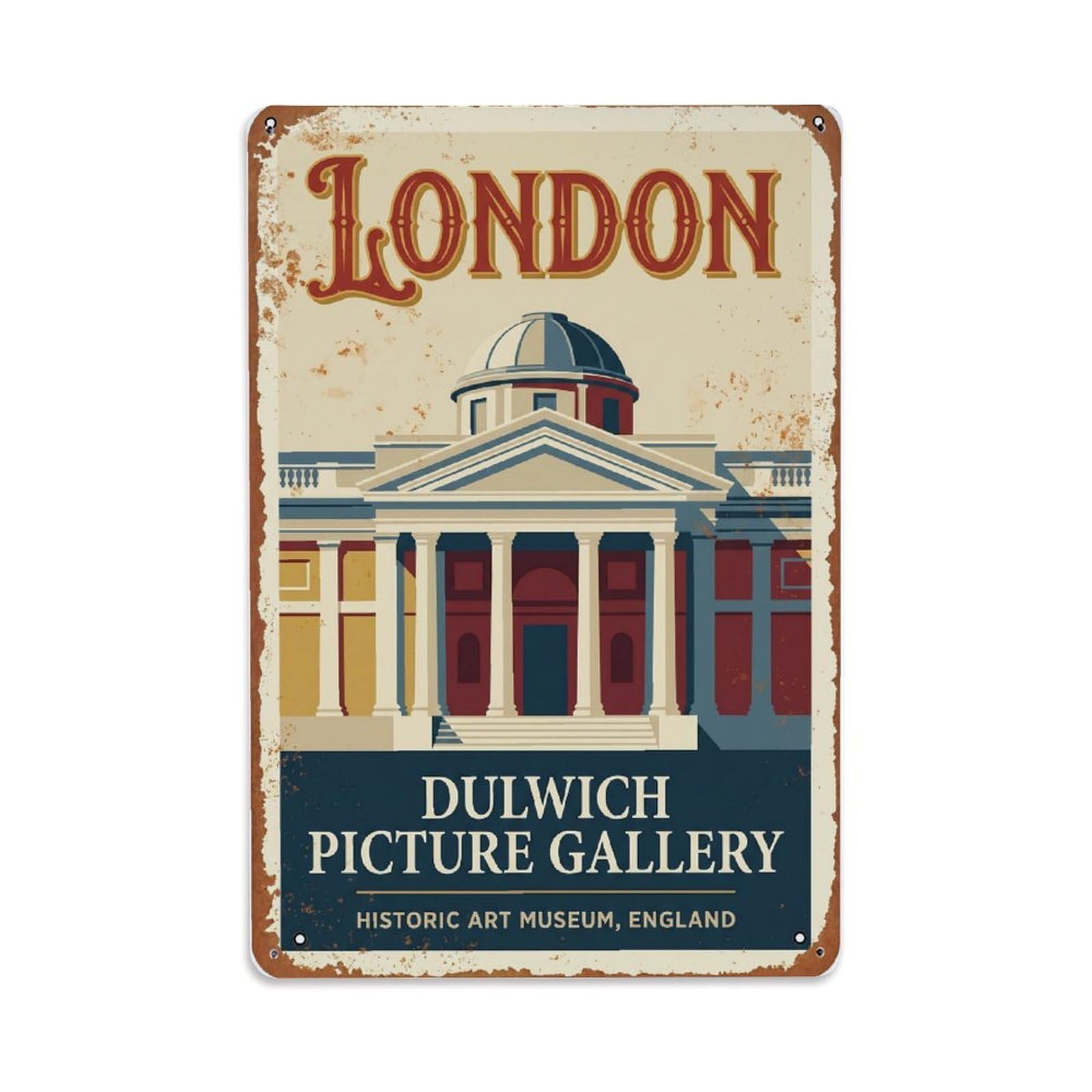 Vintage Travel London Dulwich Picture Gallery Museum Rusted England Metal Tin Sign Plaque Wall Decor for Cafe, Club Bar, Office, Home Garden Metal Poster 8x12Inch
