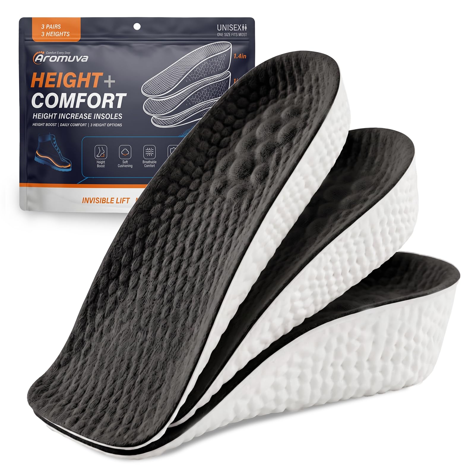 3 Pairs Height Increase Insoles for Men and Women - Comfort Height Booster Insoles with U-Shaped Heel Support - Breathable Steppers Insoles for Comfort and Confidence - 0.6IN & 1IN & 1.4IN - Black