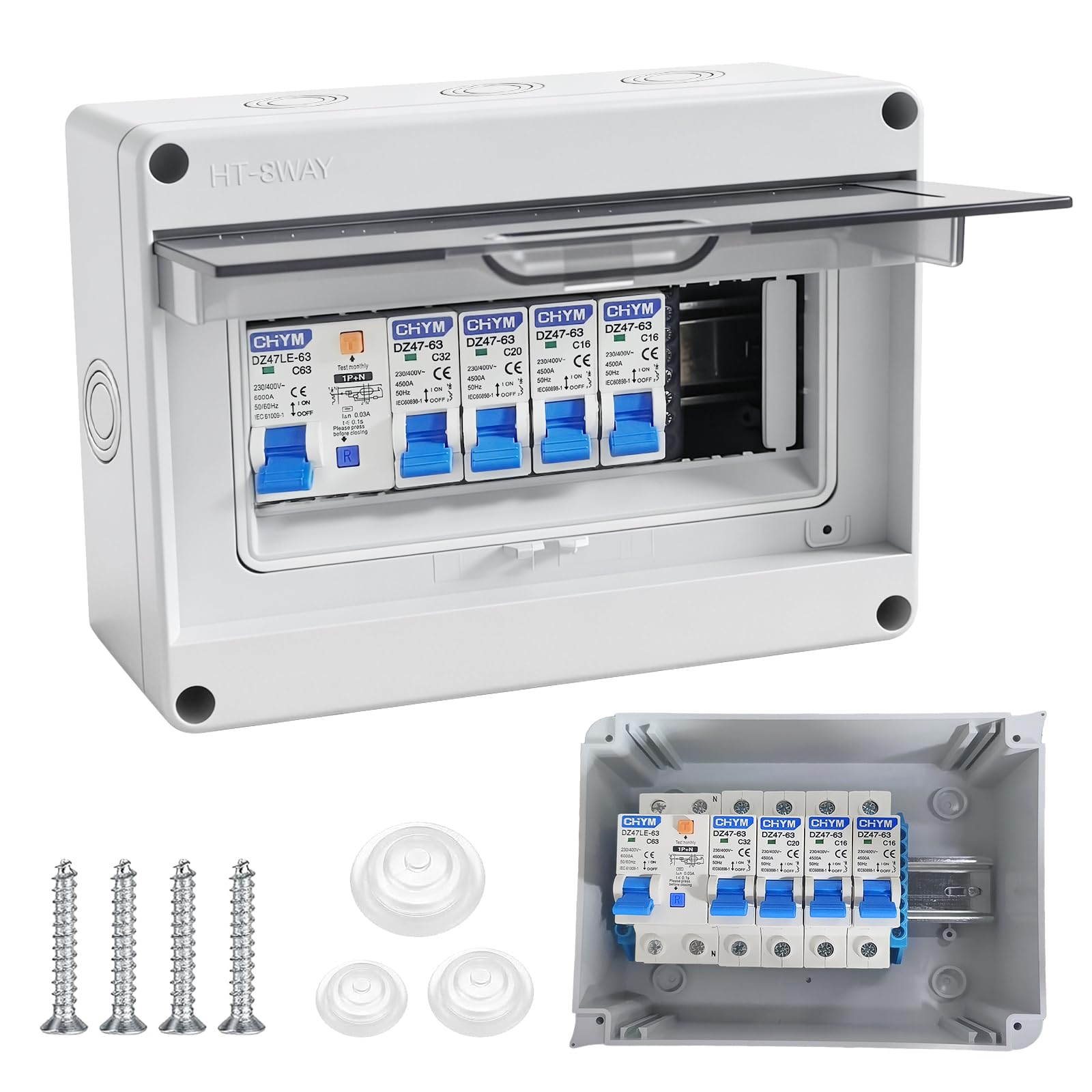 Coffret Electrique Etanche, Tableau Electrique avec Disjoncteur, Boite multiprise IP65 pour Caravanes/Garages/Ateliers/Villas, Bornier Electrique avec Disjoncteur 63A CA 2x16A + 20A + 32A