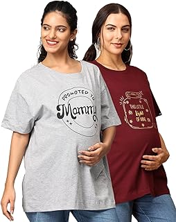 The Mom Store Maternity T-Shirt Pack of 2 | Cotton | Pre &amp; Post Pregnancy Wear | Oversized Fit | Nursing Friendly | Funny