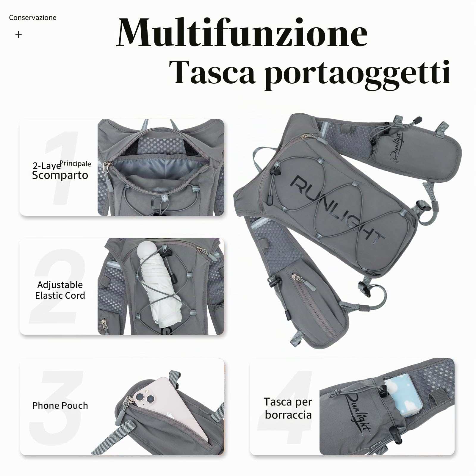 Runlight Gilet da corsa per uomo e donna, cinghie pettorali regolabili, gilet idratante da corsa, con borraccia da 1500 ml