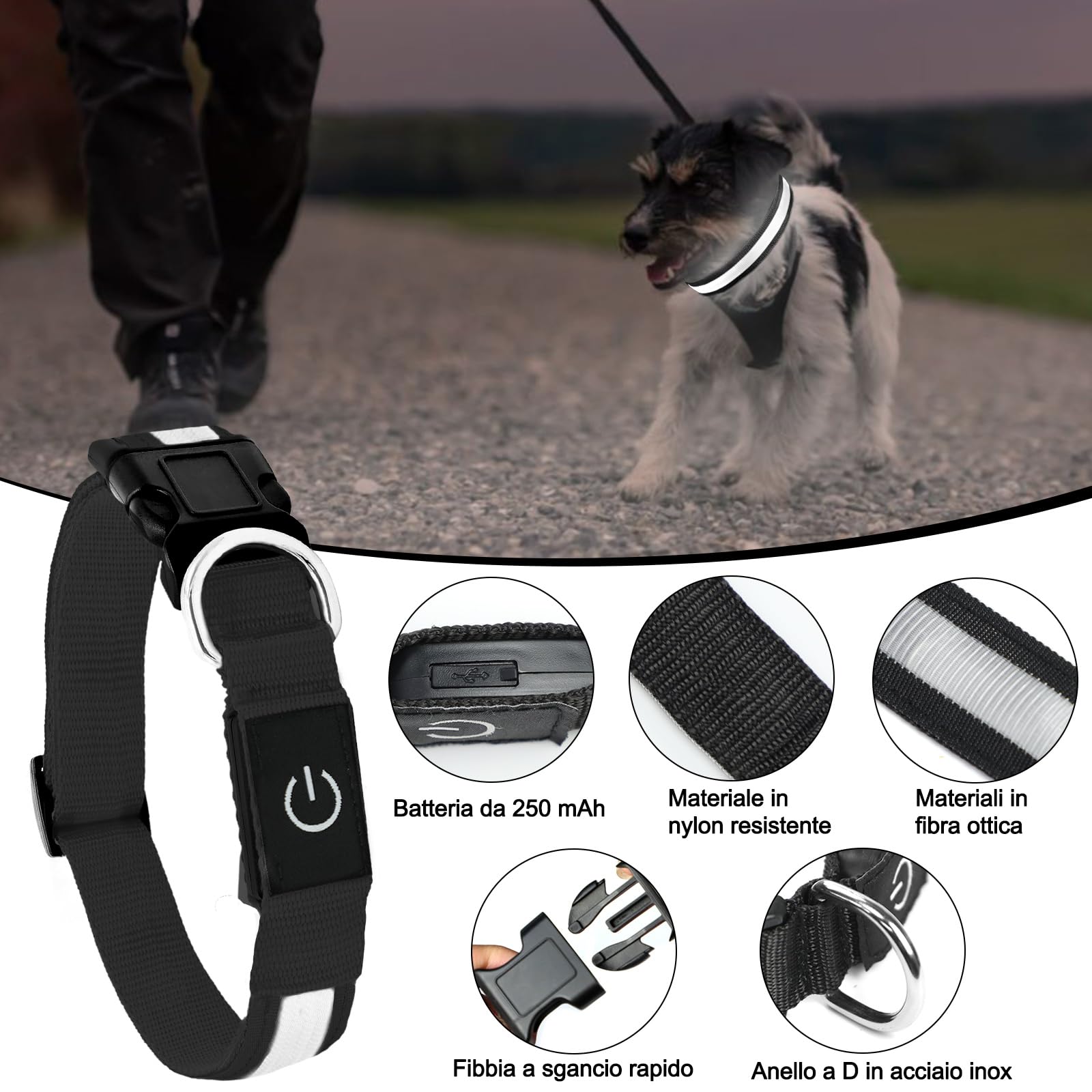 Nepfaivy Collare Luminoso per Cani Ricaricabile - Collare per Cani a Led con Lunghezza Regolabile, 3 Modalità di Illuminazione per la Sicurezza Notturna, Nero