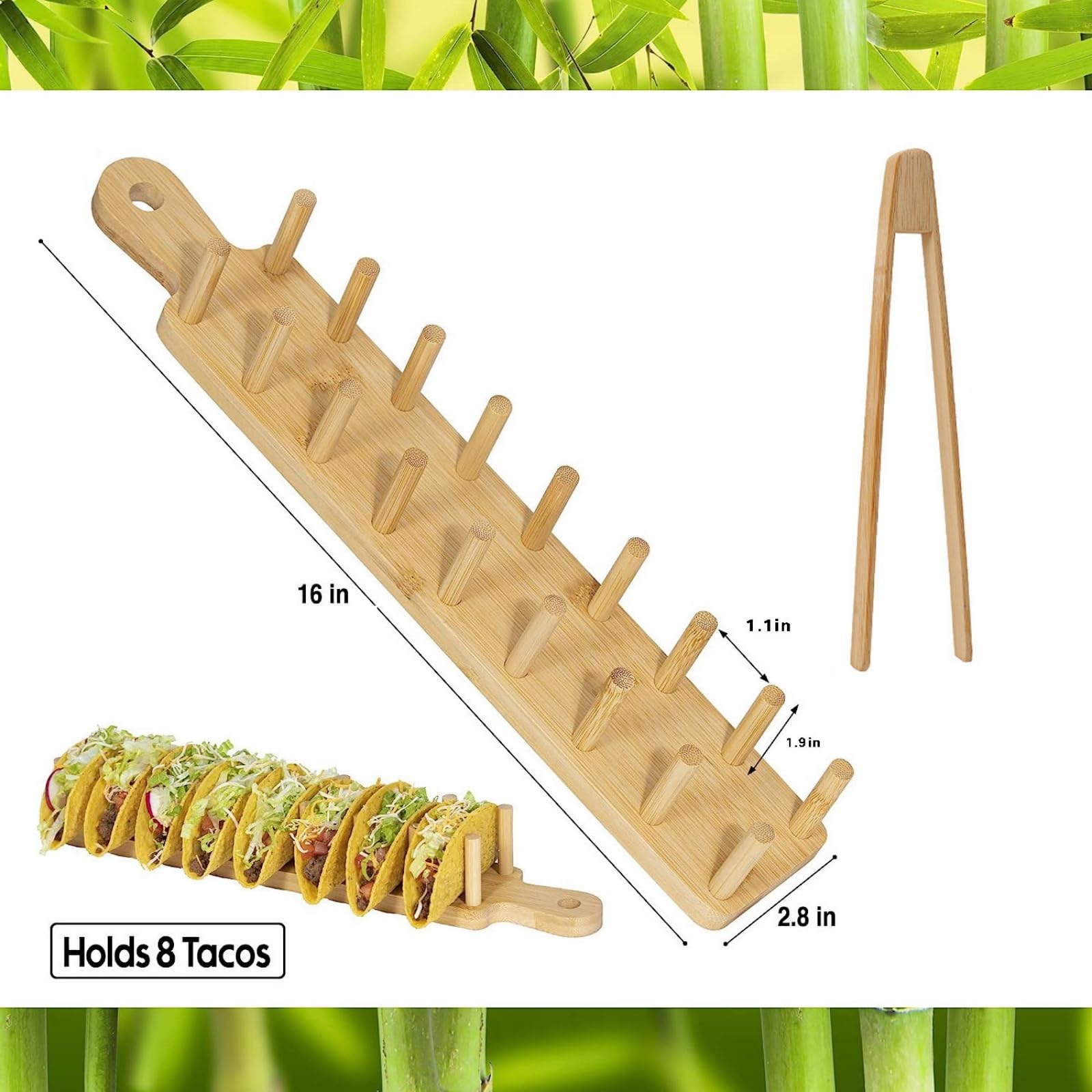 Lot de 4 supports à tacos en bambou avec pince, plateau à tacos avec poignée pouvant contenir 8 tacos à coque souple ou rigide pour charcuterie, nourriture, cuisine, cadeaux, accessoires pour la