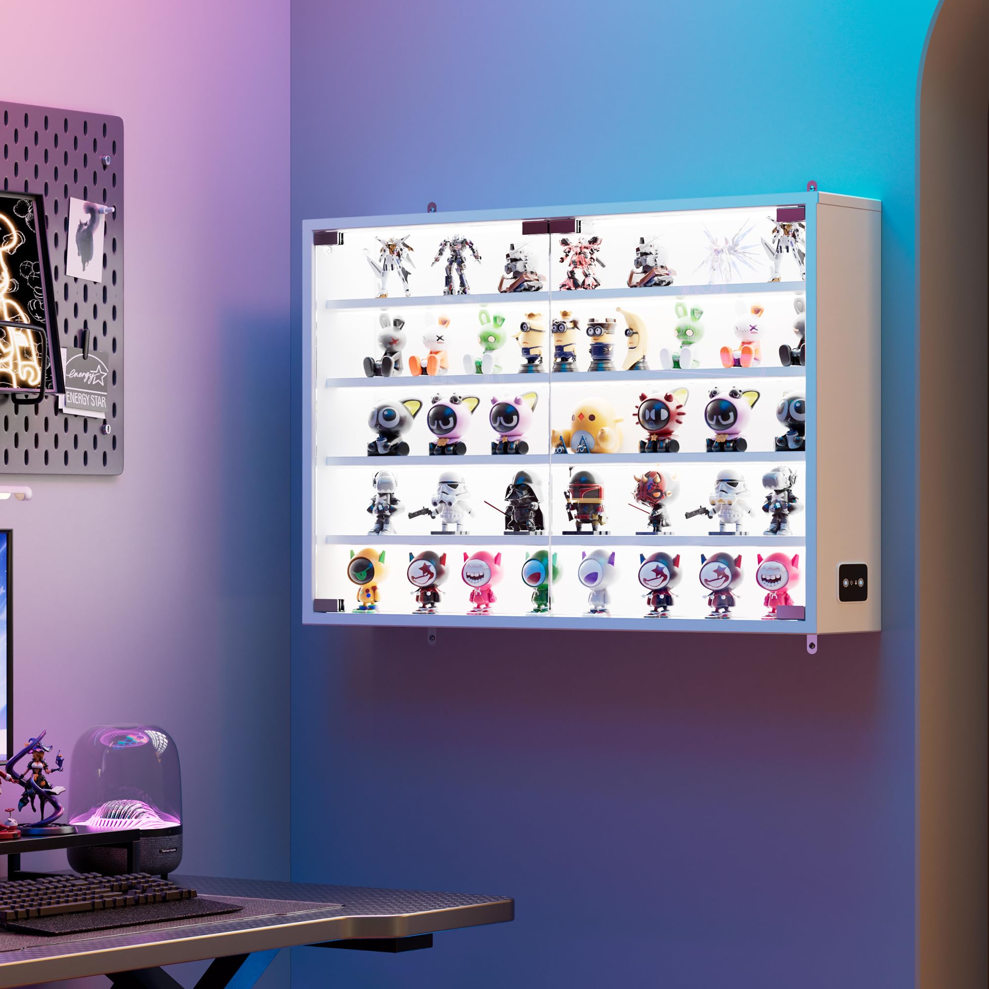 MSFE Glas HängeVitrinenschrank mit LED,Schaukasten Vitrine Klein mit Intelligente Sensorik,Glasvitrine Staubdicht,Sammlervitrine Wand Weiß,für Wohnzimmer,Schlafzimmer,Büro,Jede Schicht trägt 5 kg