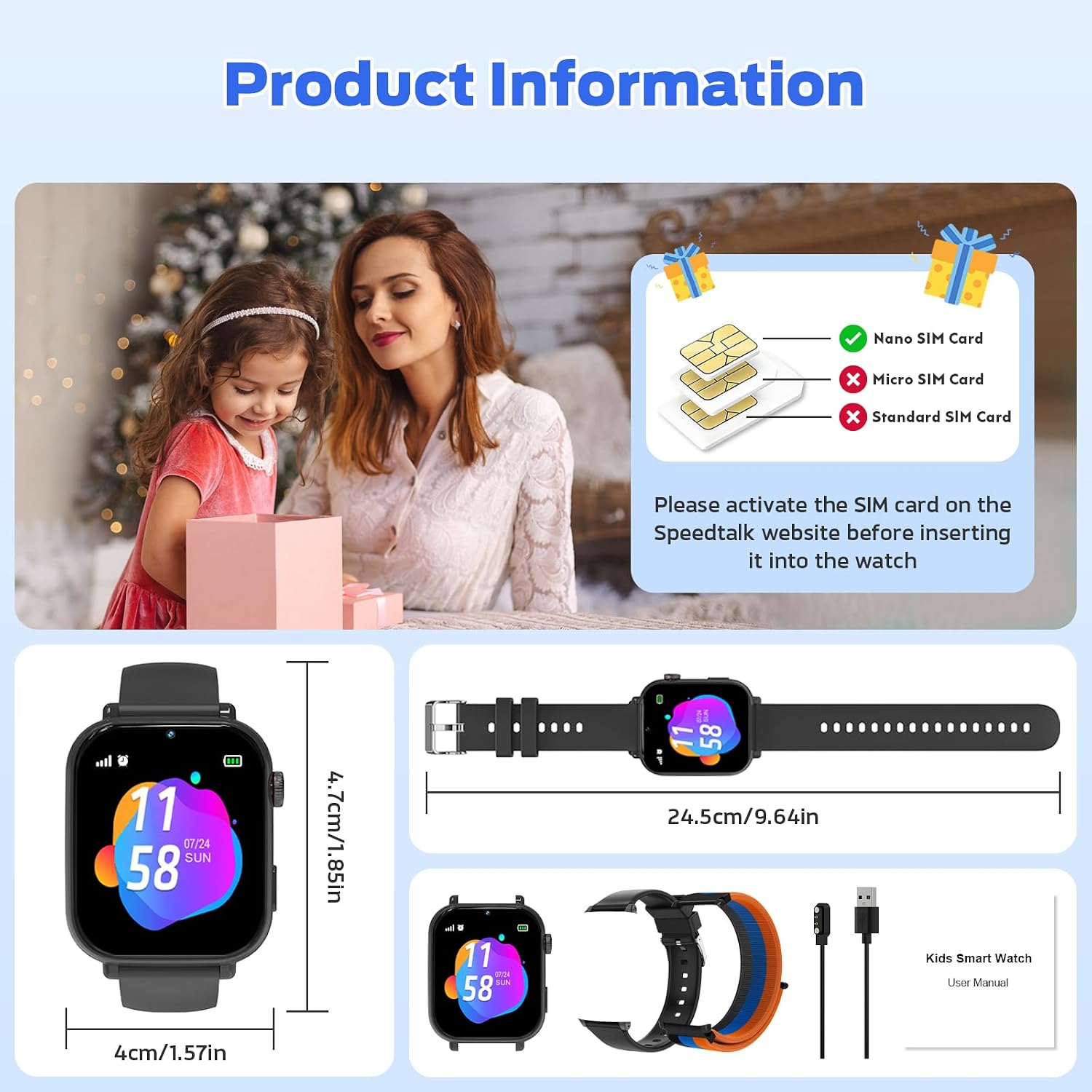 4G Kids Smart Watch with GPS Tracker, Video Call & Texting, Smart Watch for Kids with SIM Card, SOS, School Mode, HD Camera, Pedometer, Kid Watch Gift for Boys Girls Age 4-12, Black