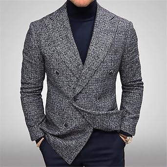 SANSIWU Men's Herringbone Blazer Jacket V-Neck Long Sleeve Two Button-Down Suit Tweed Jacket Fashion Prom Wedding Blazer
