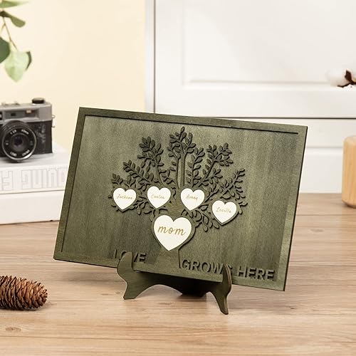 Vista 204 de Árbol genealógico con etiqueta de corazón, placas de madera grabadas personalizadas, regalos personalizados para madres, padres, escritorio, nombres