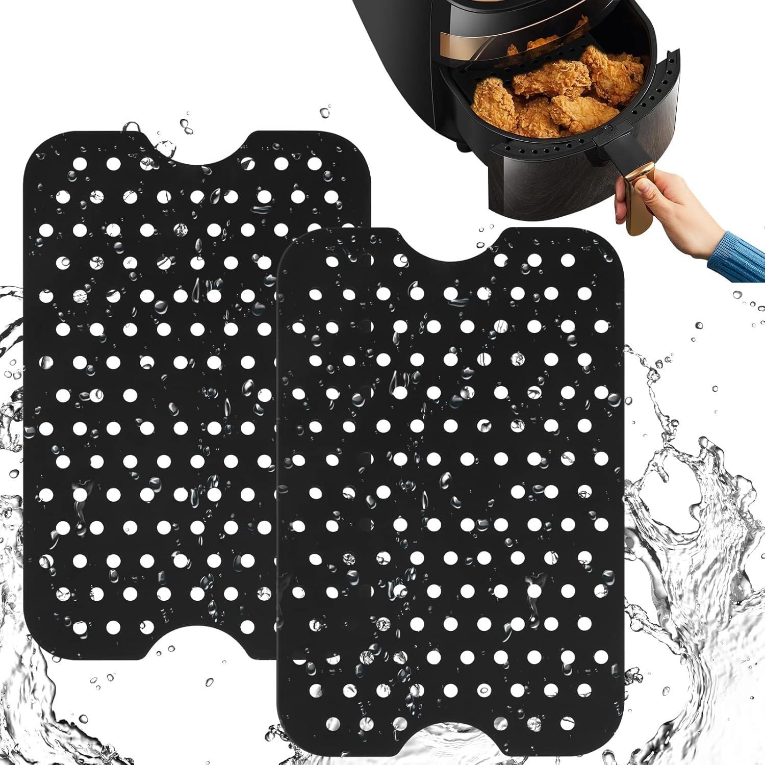 Uniersal Reusable Silicone Air Fryer Liners Non-Stick Silicone Liner 5x8 Inch Black for Double Basket Air Fryer, 2pcs