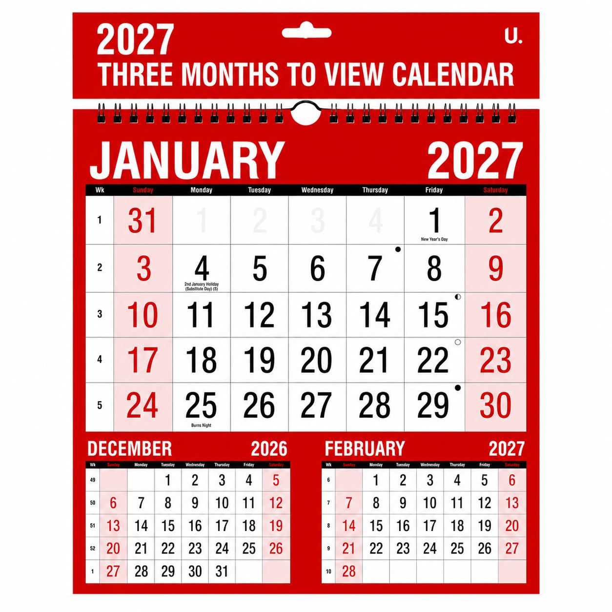 3 Month to View Planner 2027 Wall Calendar – Red & Black Monthly Planner, Spiral Bound Month View Calendar, Hanging Wall Organiser for Home, Office & School, 30 X 24 X 0.5cm Pack of 1