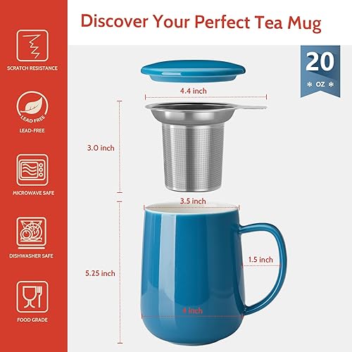 Miniatura 2 de Sweese Taza de té de porcelana con infusor y tapa, 20 onzas, azul acero, apta para microondas, reutilizable