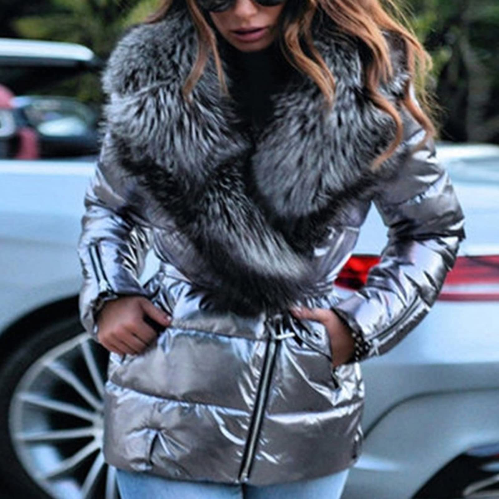 Daunenjacke Damen Winter Kurz Glänzend Winterjacke Warm Fellkapuze Steppjacke Gefüttert Dicke Mit Kapuze Puffer Jacke Reflektierend Mit Reissverschluss Kurze Daunenmantel Kuschelig Steppmantel