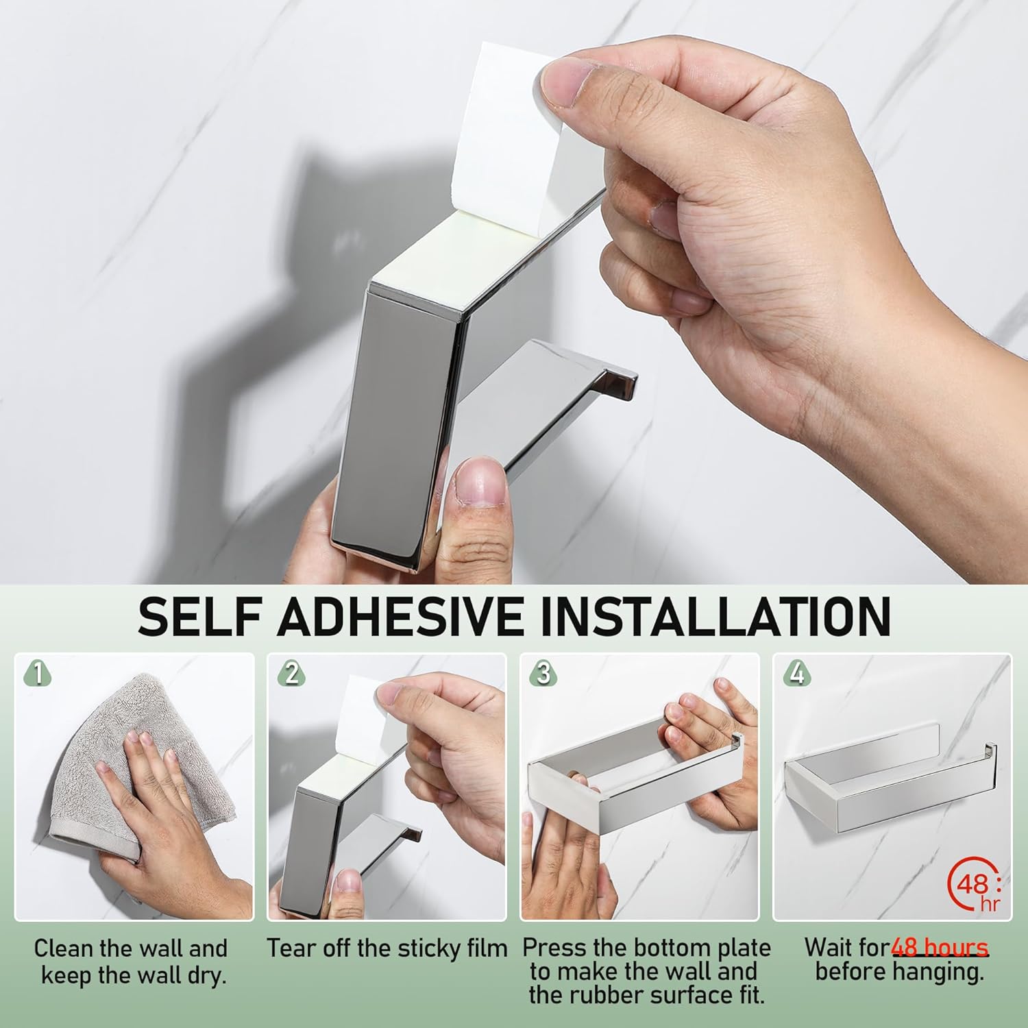 SAYAYO Toilet Roll Holder Self Adhesive Wall Mounted Sticky Polished Chrome Toilet Paper Holder Without Screws No Drill for Bathroom Kitchen SUS304 Stainless Steel Square Design