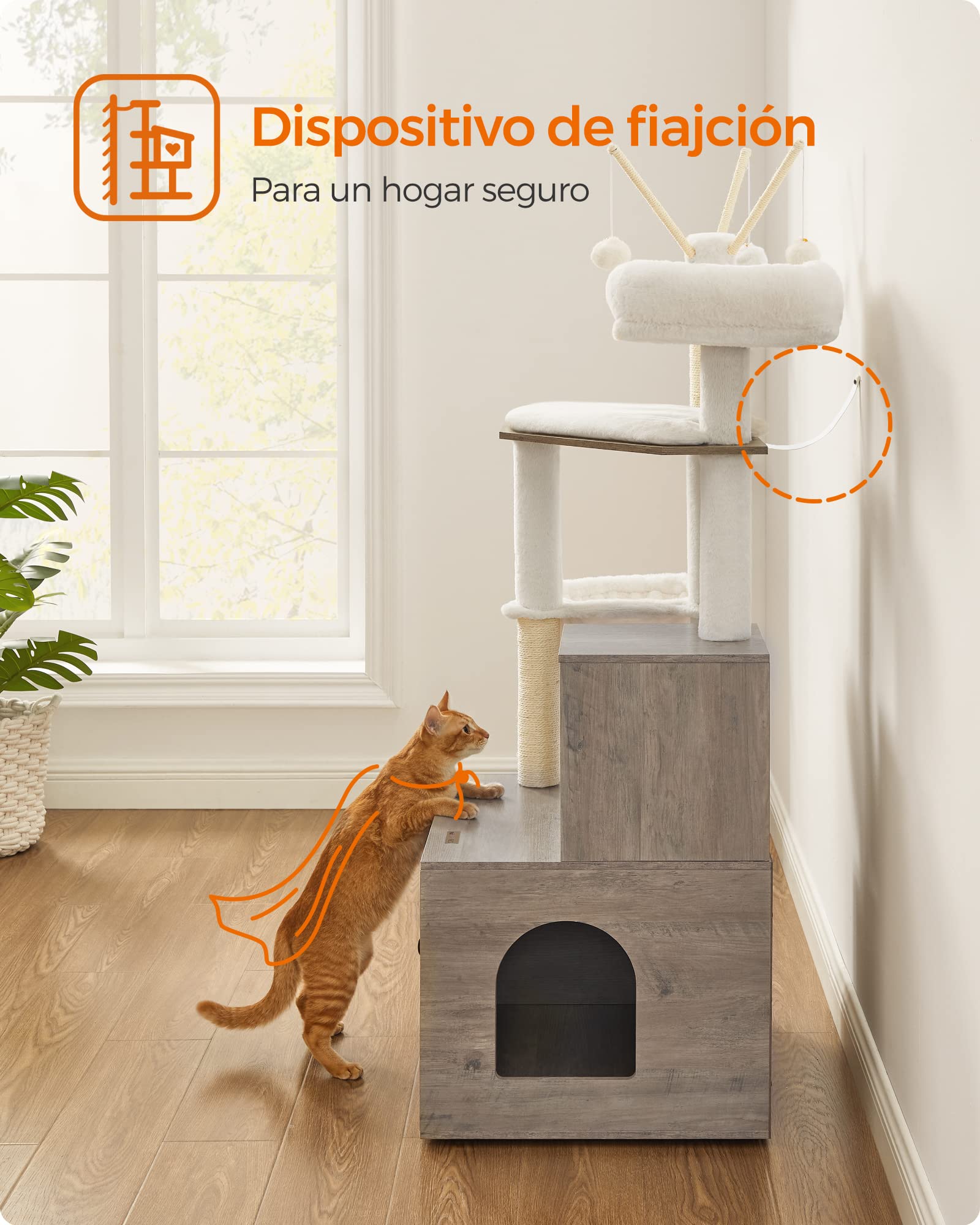 Feandrea Torre Moderna para Gatos 2 en 1, condominio para Gatos con Postes rascadores, Pompones extraíbles, Cojines Lavables, Color Gris PCT113G01