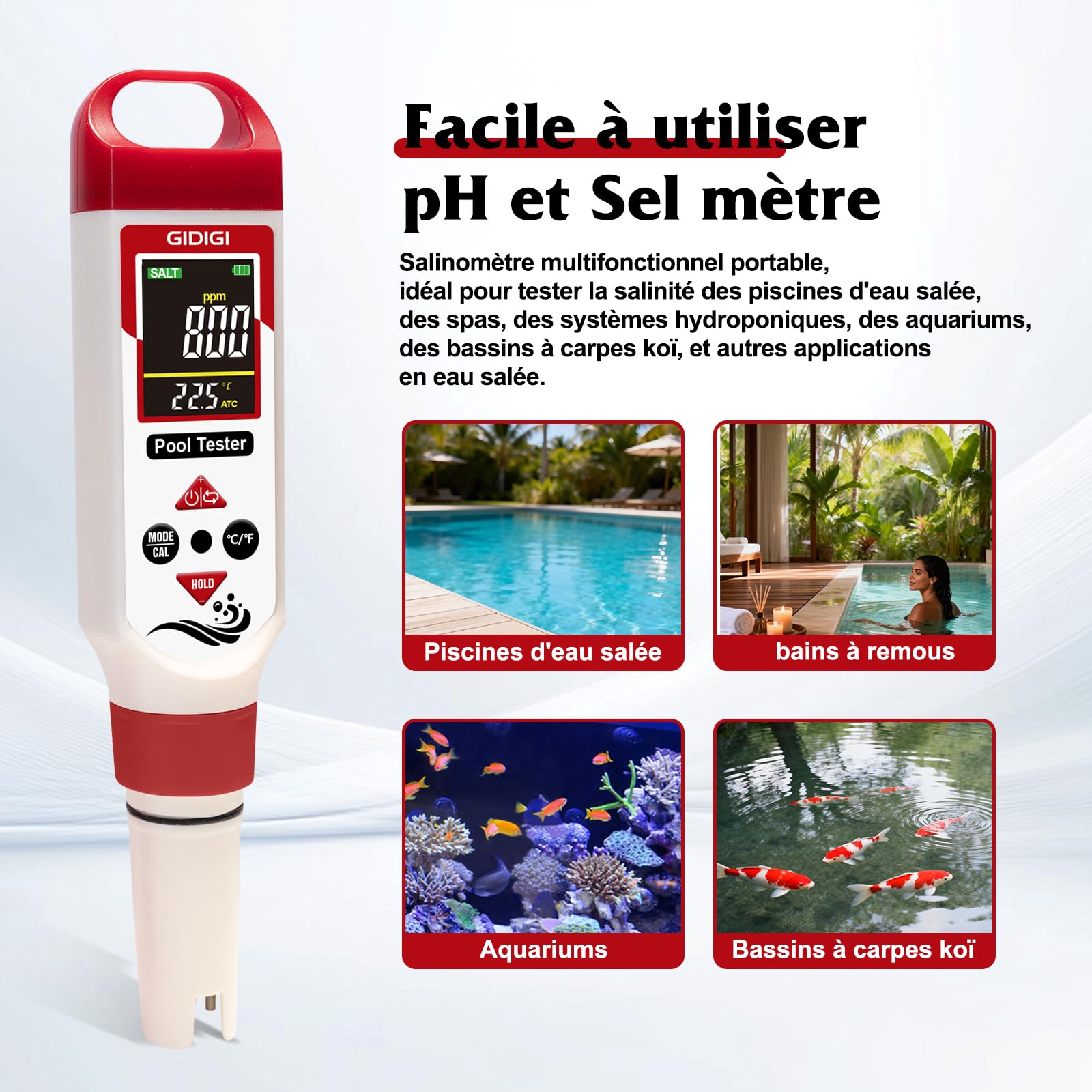Testeur de chlore et de pH numérique, Salinomètre pour piscine | testeur d'eau 7 en 1 avec fonctions pH, ORP, chlore, EC, TDS,sel et température pour piscine, spa et eau potable
