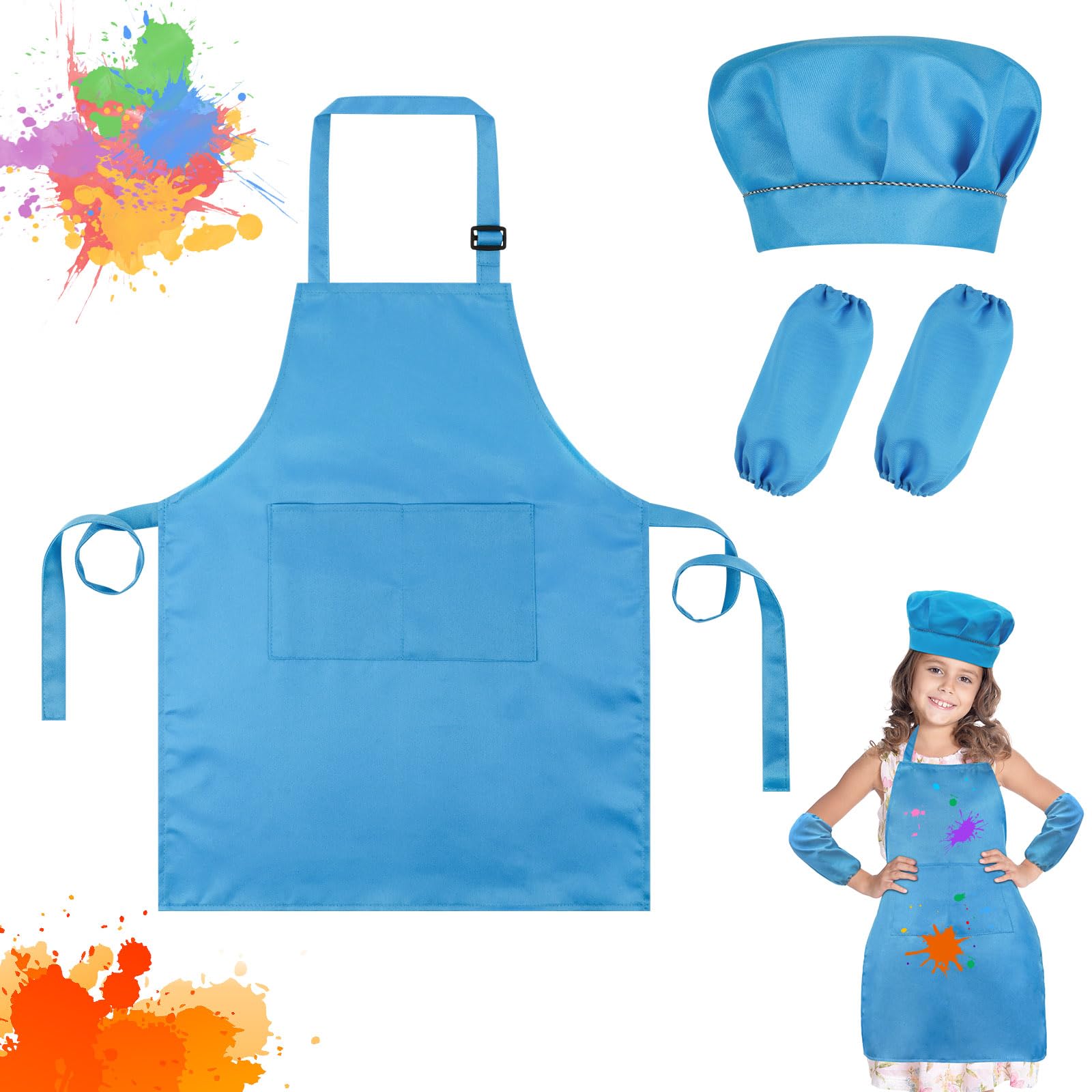 Ainiv Kids Apron and Chef Hat Set, Blue Adjustable Kids Chef Outfit with 2 Sleeves, Kids Aprons for Cooking with 2 Pockets
