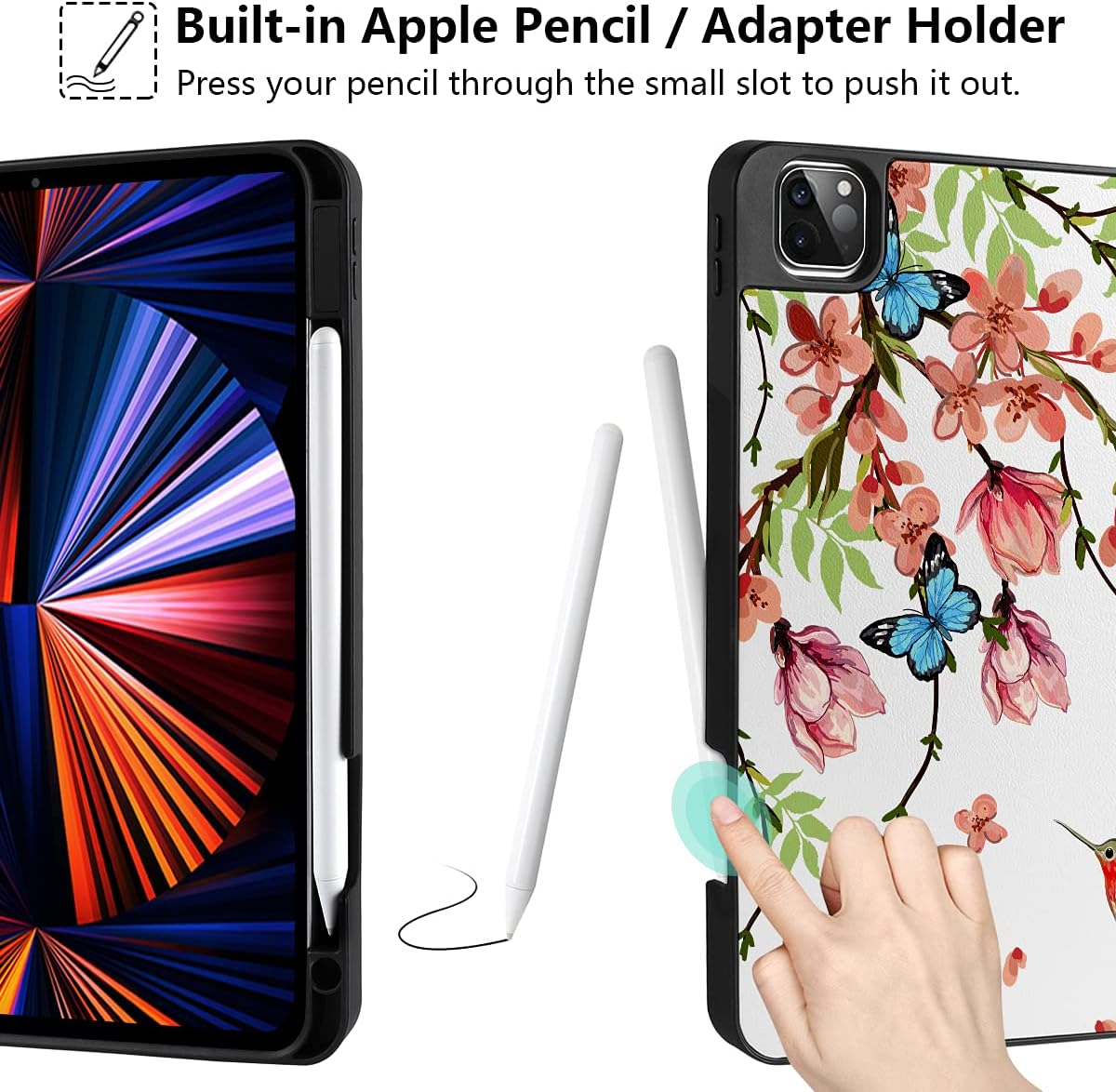 MEEgoodo for iPad Pro M2 12.9 Case 6th/5th/4th/3rd Generation 2022 2021 2020 2018 with Pencil Holder, Tablet Cover with Soft TPU Back Shell, Birds & Flowers - Image 4