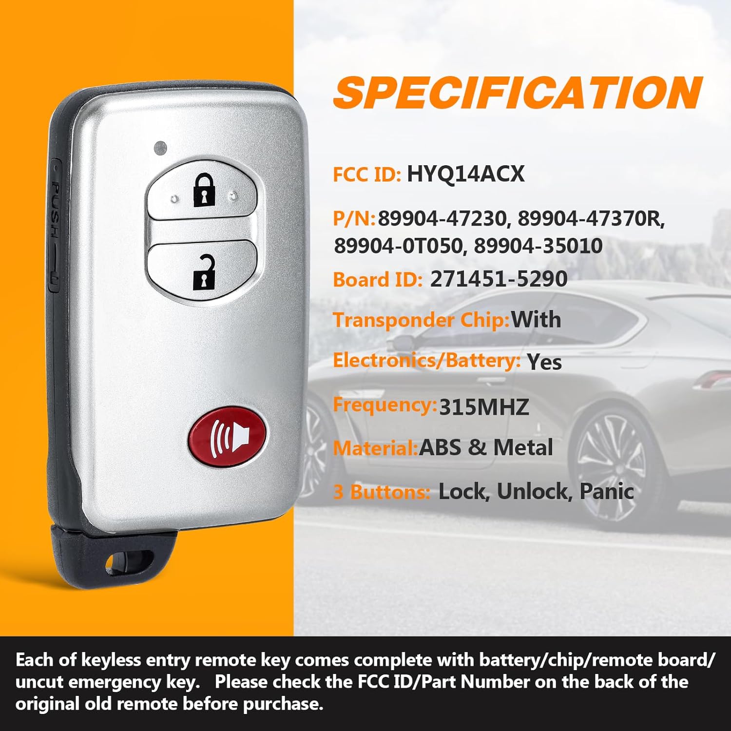 Yewong Car Key Fob Remote Keyless Entry Control for Toyota 4Runner 2010-2019 Prius 2010-2016 Venza 2009-2016 FCCID:HYQ14ACX 271451-5290 Board 3 Button