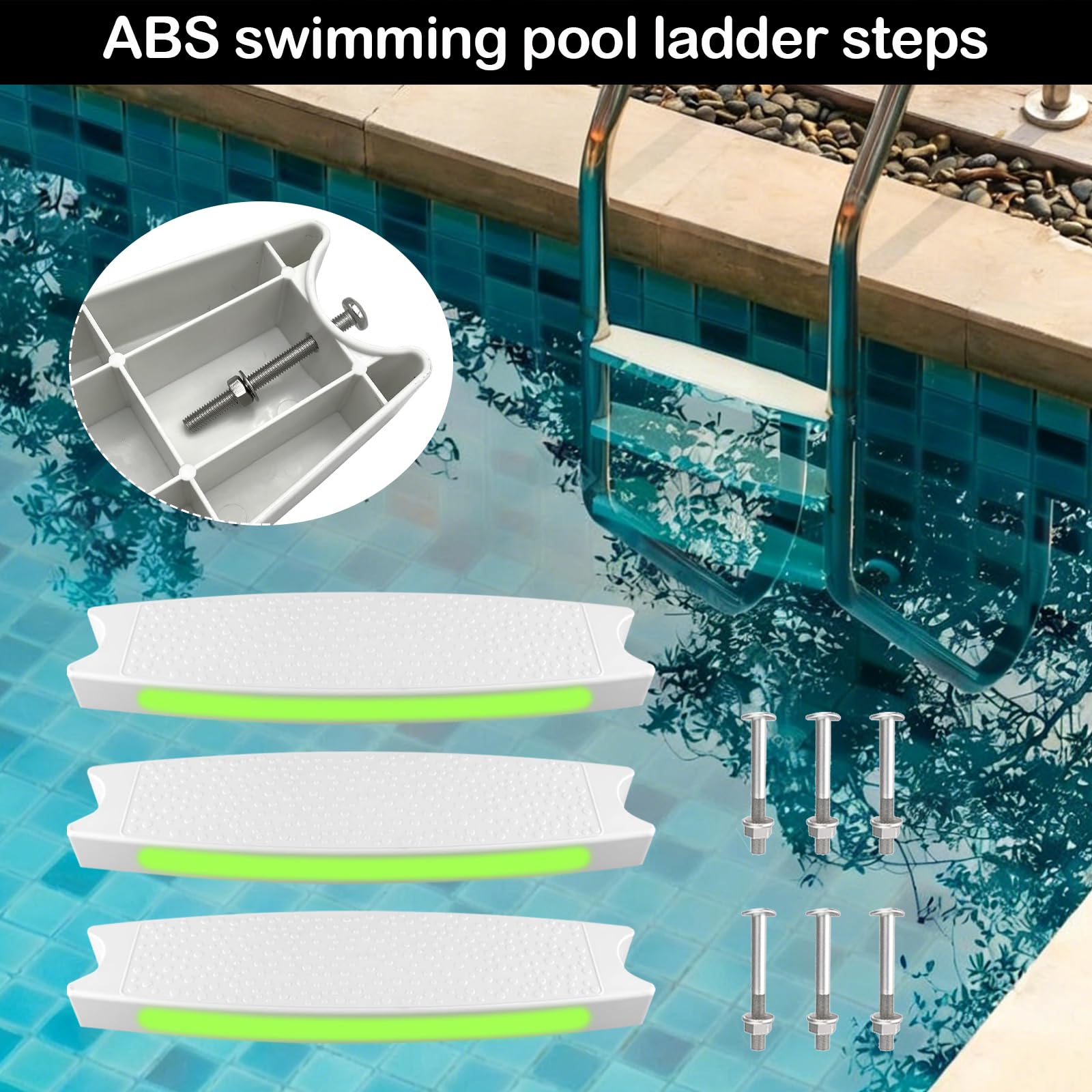 Scalini per Piscina, Gradino per Scaletta di Ricambio per Piscina 3pz Gradini per Scaletta con Strisce Riflettenti per Piscina per la Maggior Parte delle Scale Interrate e Fuori Terra