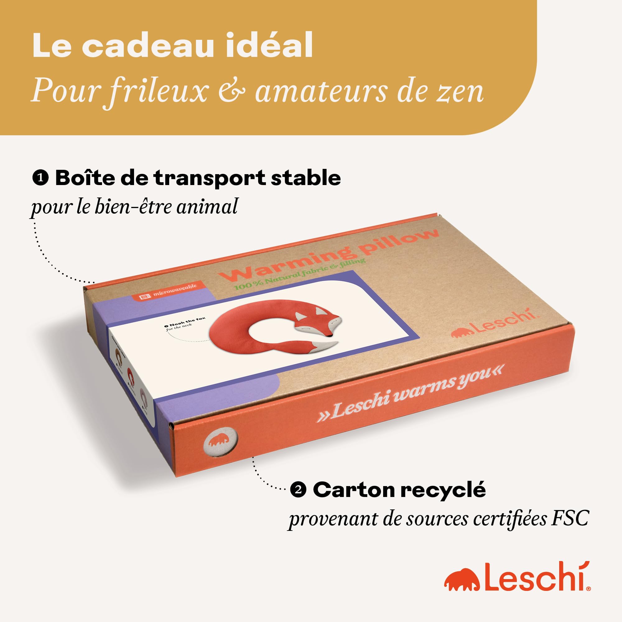 LESCHI Coussin chauffant micro ondes en coton 100% bio, Renard rouge, Bouillotte graines de blé 100% bio, Bouillotte micro-ondes idéale pour réchauffer cervicale, épaules, cou, nuque