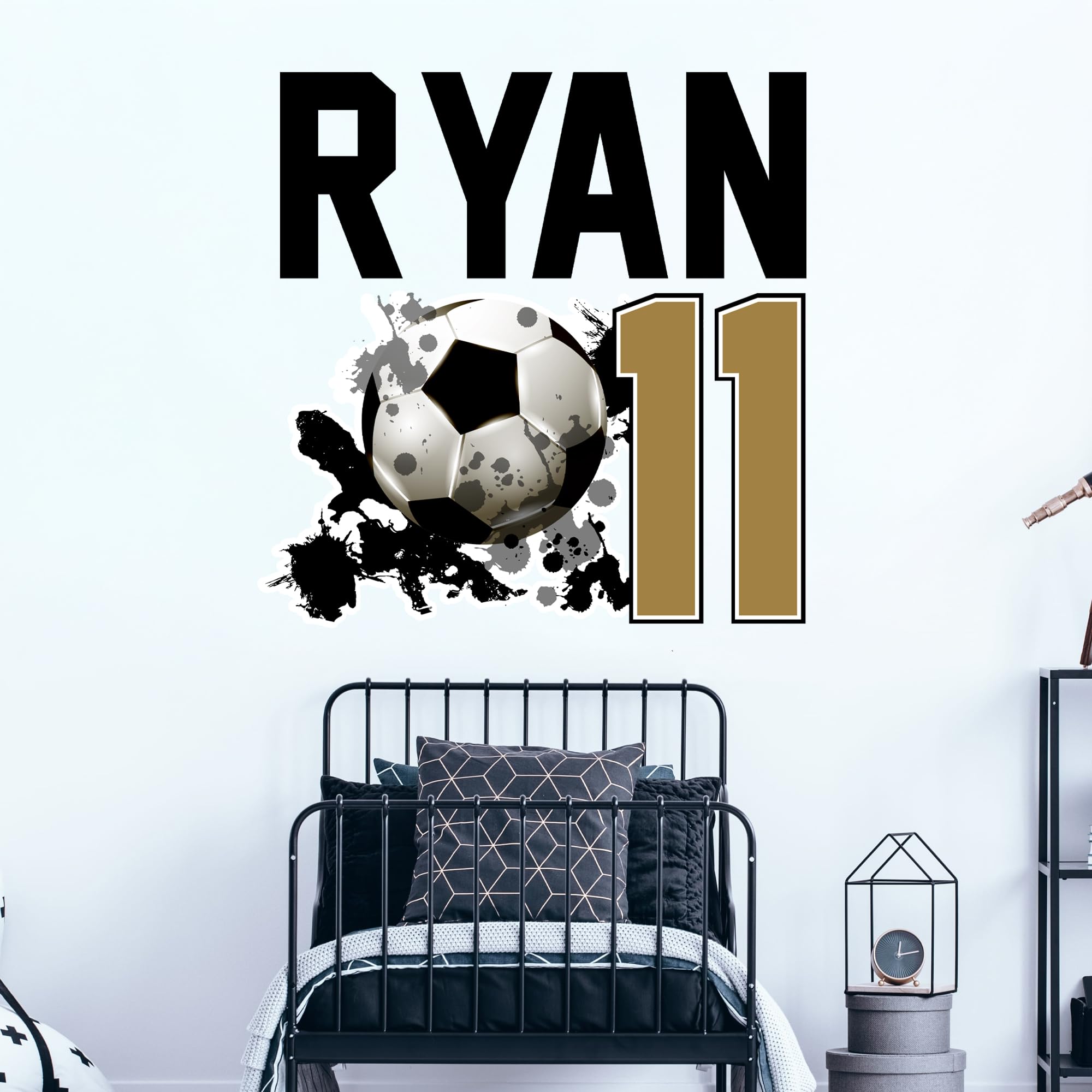 Football Wall Sticker - Football Splash Name and Number Personalised Wall Art (90cm Width x 90cm Width)